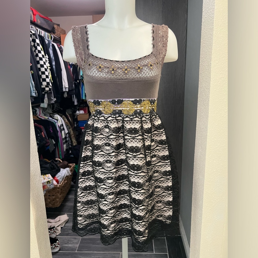 Free People Brown, Gold & Black Dress
